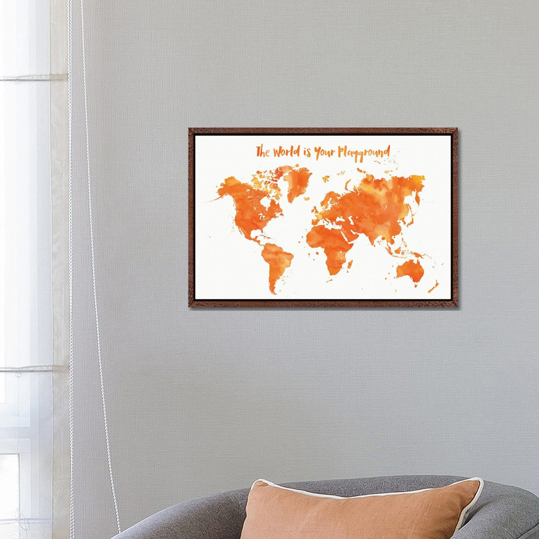 Orange Aquarell Kinderzimmer Weltkarte von Blursbyai - Galerie-verpackt Leinwand Giclée