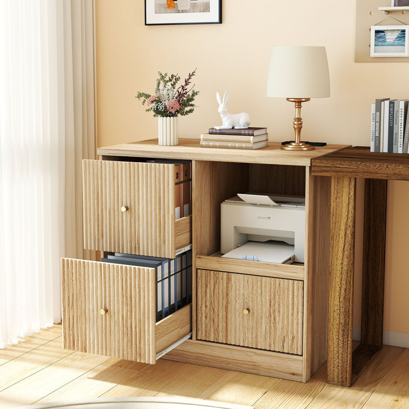31.5"W 3-Drawer File Cabinet with Charging Station, Pull-Out Open Shelf and Anti-Tipping Design, Natural Wood