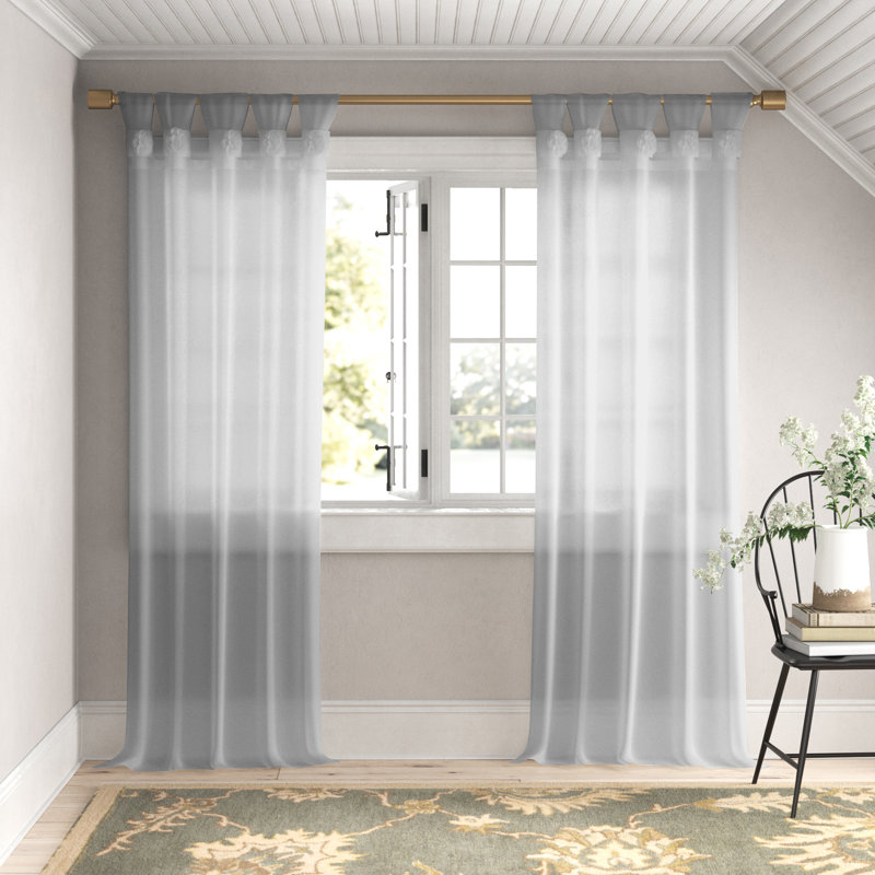 Rosette Floral Embellished Cuff Tab Top Solid Single Curtain Panel, 50"W x 95"L, Gray