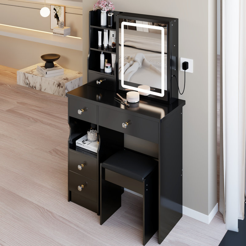 29,2 po, coiffeuse de bureau, tiroir de gauche, miroir à DEL tricolore à commande tactile, tabouret rembourré, rangement grande capacité, espaces compacts, table de tiroir noire et miroir à luminosité réglable, petit