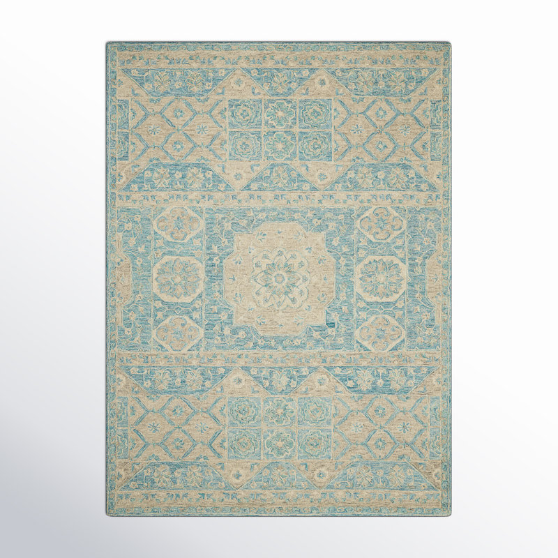 Velan Floral Handmade Looped Wool Ocean Blue/Beige Area Rug, Rectangle 8' x 11'