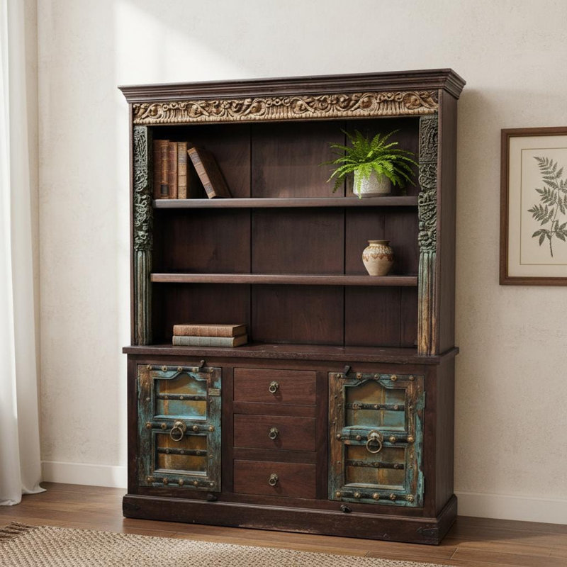 Antique Door And Carvings Repurposed Large 70" Wide Bookcase Cabinet