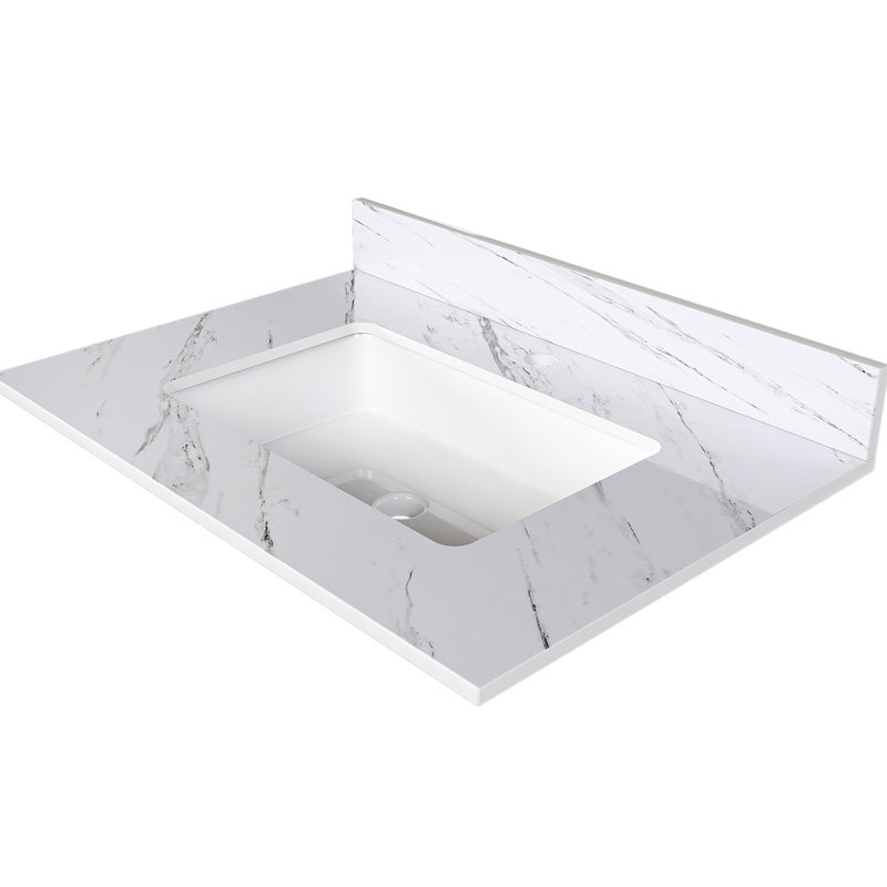 Dessus de meuble-lavabo en marbre 31 po pour la salle de bain - Pierre frittée blanche avec trous de robinet pré-percés, évier central rectangulaire, dosseret de 4 po et dosseret de teinture, trous de conception élégante et durable