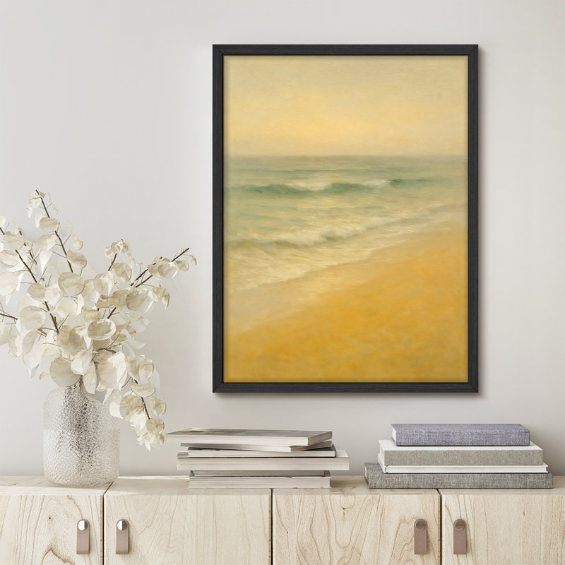 Reproduction d'art encadrée - vagues douces et rivage doré, art côtier impressionniste pour des intérieurs relaxants, Blanc