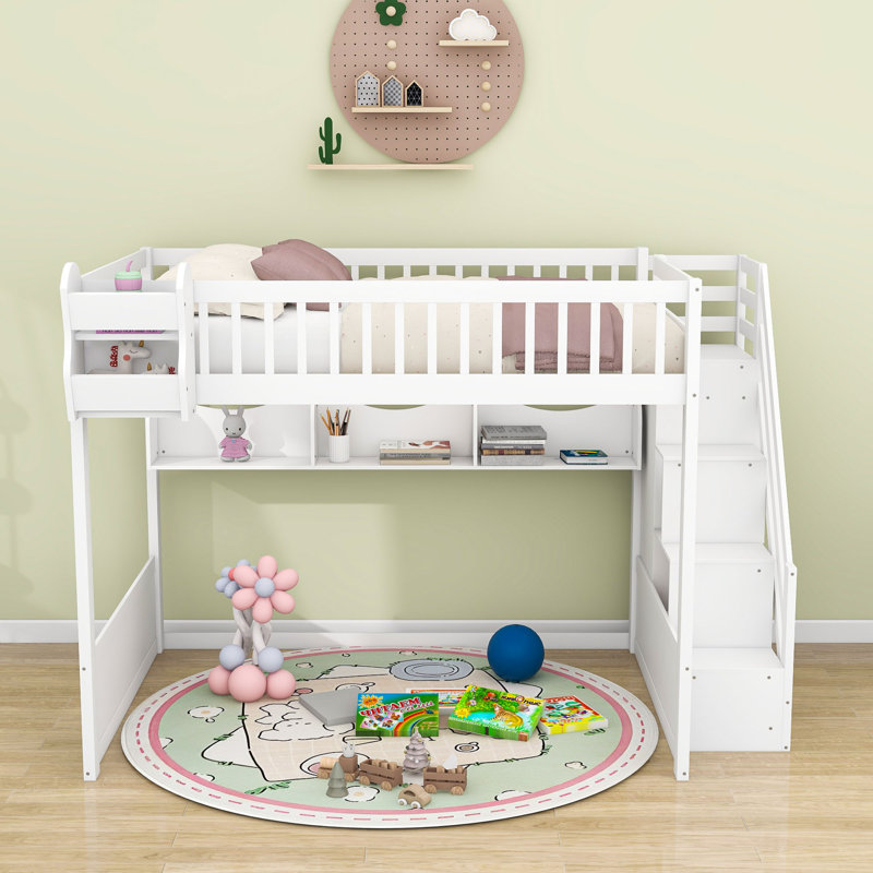 Lit mezzanine en bois avec escalier et tablettes, Blanc