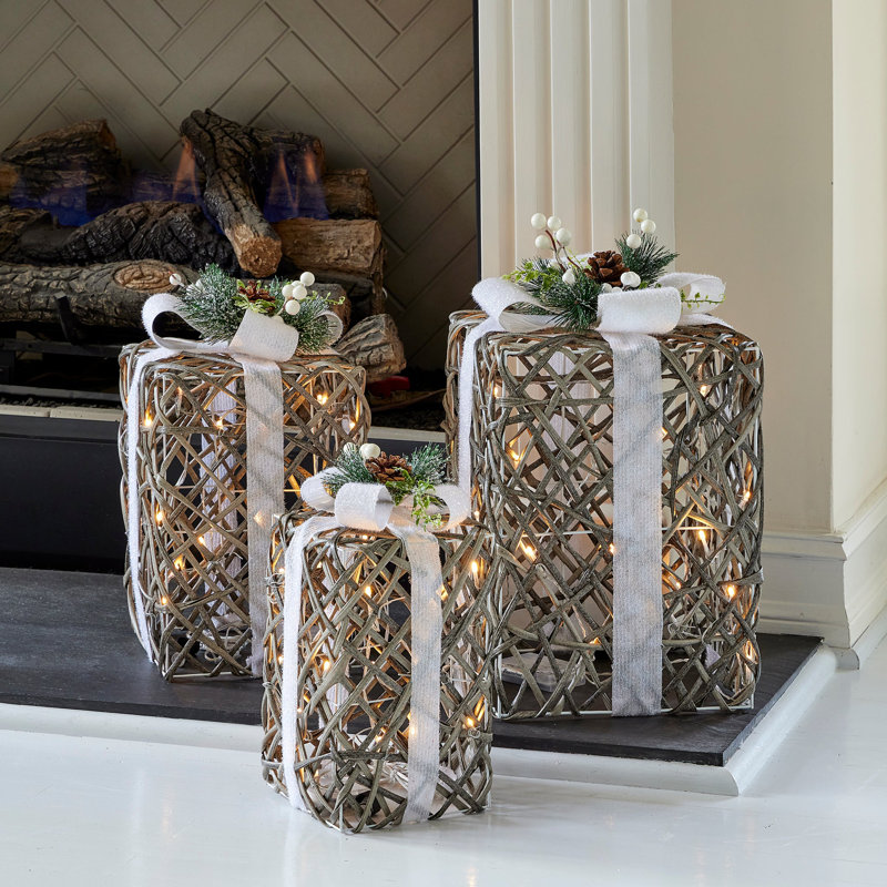 Pre-Lit Artificial Rattan Giftbox Set of 3