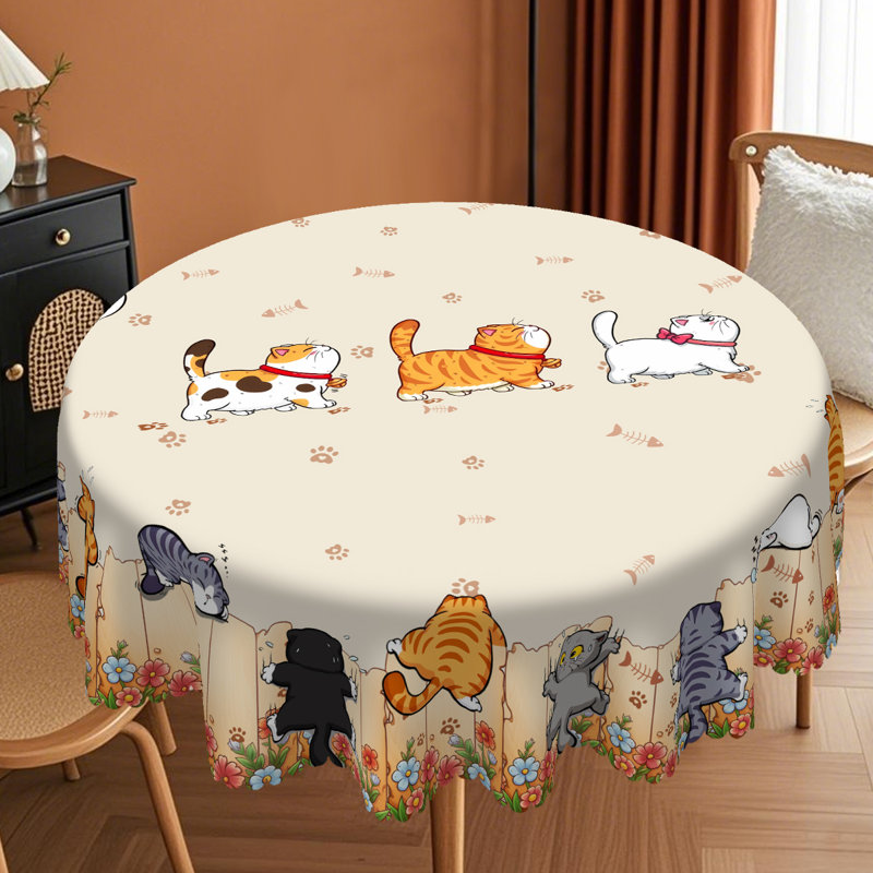 1pc Whisker Wonders Cute Cat Tablecloth - Round & Rectangle Table Cover With Cartoon Kittens & Flowers, Paw, Perfect Gift For Cat Lovers, Cat Gifts, Holiday Party, Wedding Ceremony, Kitchen Accessory, Indoor/Outdoor Use For Christmas, Thanksgiving