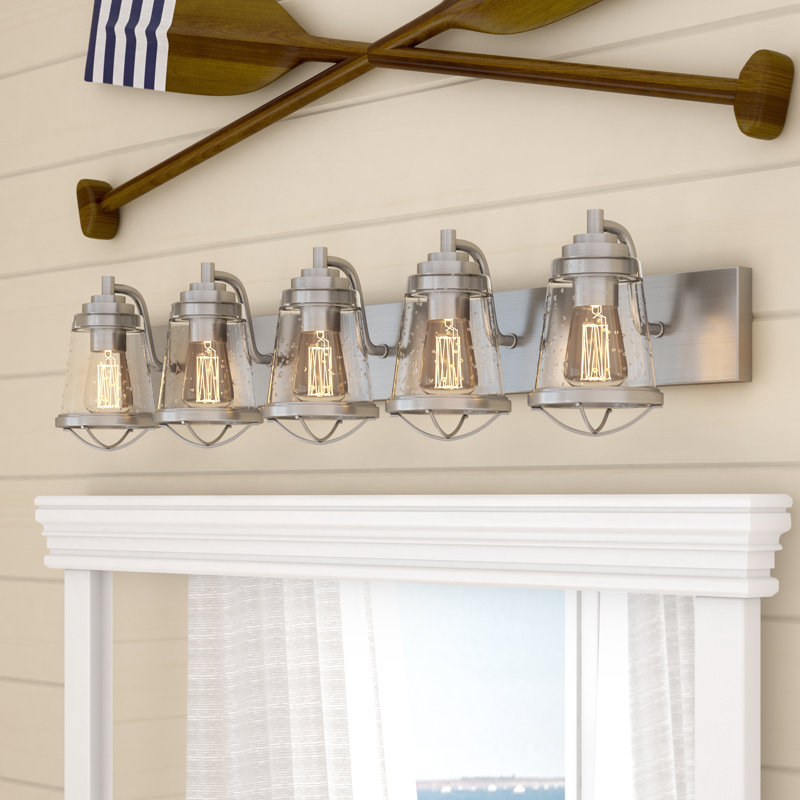 Akshay 5-Light Dimmable Steel Vanity Light with Seeded Glass, Brushed Nickel