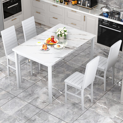Modern Style 5-Piece Faux Marble Top Dining Table Set With 4 Faux Leather Upholstered Dining Chairs by Latitude Run