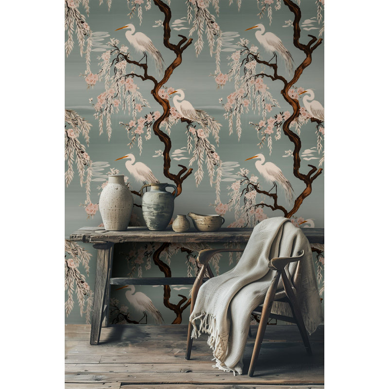 Panneau mural japonais avec grue japonaise et cerisier en fleurs