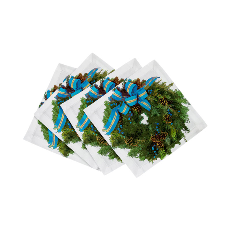 Serviette de cocktail en satin de coton avec couronne de Noël, Blanc céruléen