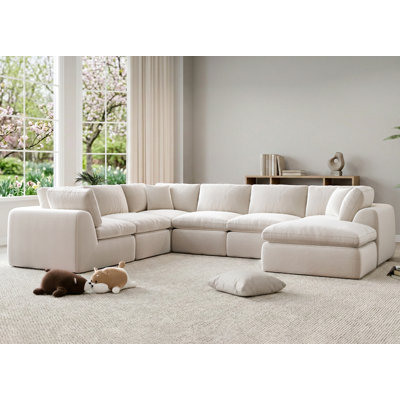 Boneless 79" Compact Cloud-Style Sectional, Chenille Sofa With Ottoman, High-Density Boneless Compression Foam