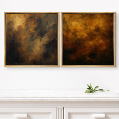 «Warm Golden Abstract Color Flow», ensemble de 2 reproductions d'art encadrées
