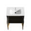 Meuble-lavabo autoportant de 30 po avec lavabo et rangement latéral, noir brossé, esthétique en noyer rayé, bords arrondis, mécanisme de fermeture en douceur, tablettes réglables, design moderne fonctionnel