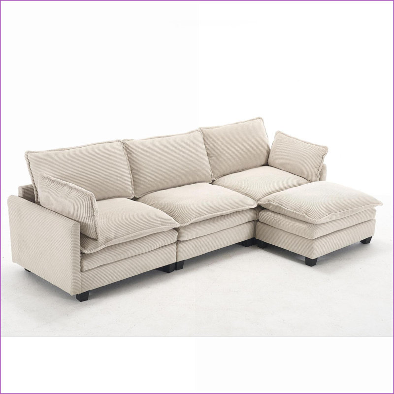 Canapé modulaire en velours moderne à 4 places en U avec repose-pieds et amp; Coussins pour le salon | Beige | Standard