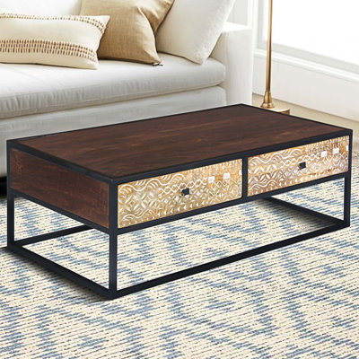 Table basse rectangulaire en bois avec structure en métal et tiroirs