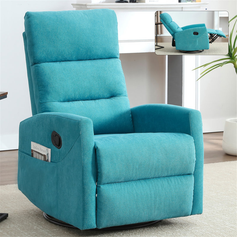Manual Recliner Chair With Rocker And Swivel In Fabric For Living Room, Blue