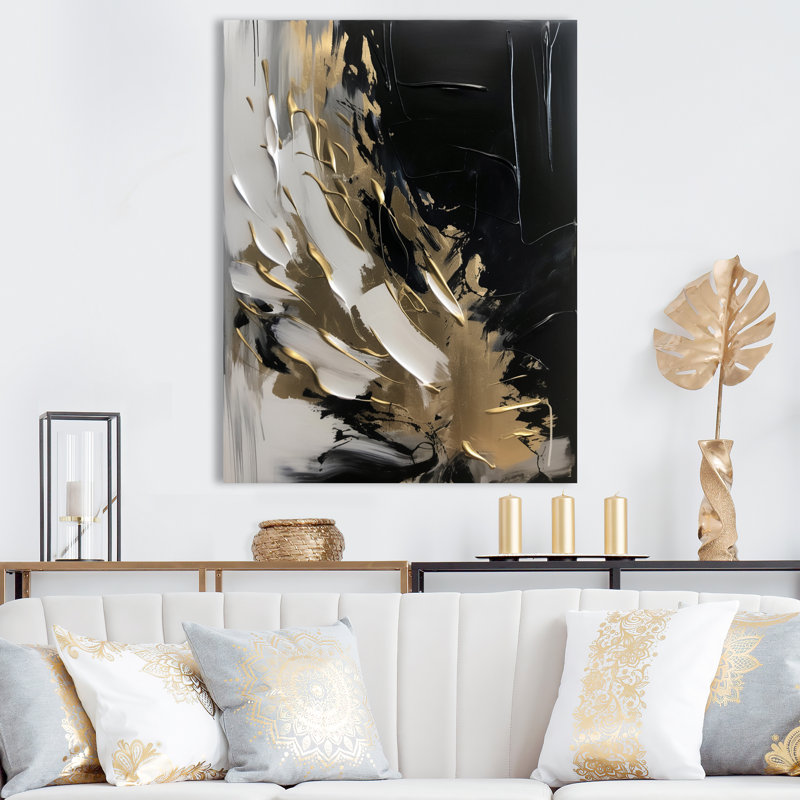 Organic Bliss Minimal Abstract Gold and Black - Art abstrait, peinture murale, H 32 po x l 16 po x P 1 po, Toile tendue
