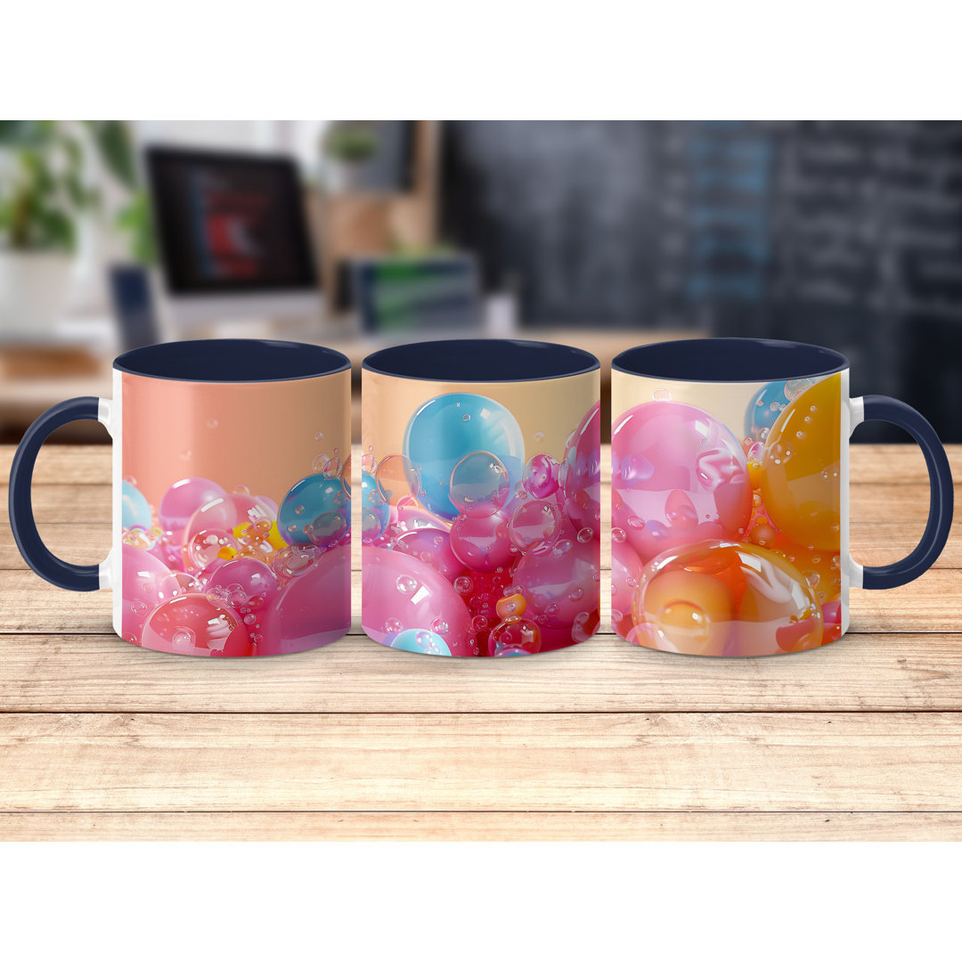 Set of 4 Colourful 3D Design 11oz Accent Mugs – White Ceramic Coffee Cups with a Navy Handle and Interior