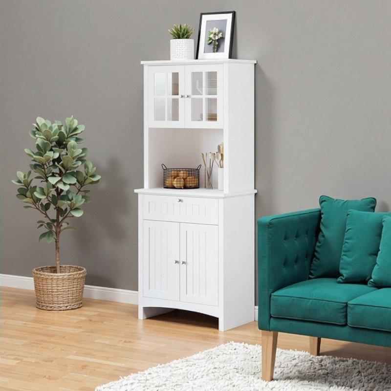 Elegant White Buffet with Hutch - Kitchen Storage Cabinet w/ Glass Doors, Microwave Space & Safety Anti-Tip Device, White