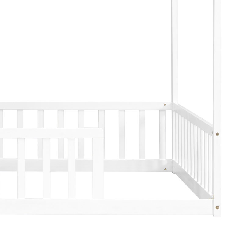 Lit de maison avec structure de toit, lit en bois de pin avec garde-corps, Full, Blanc
