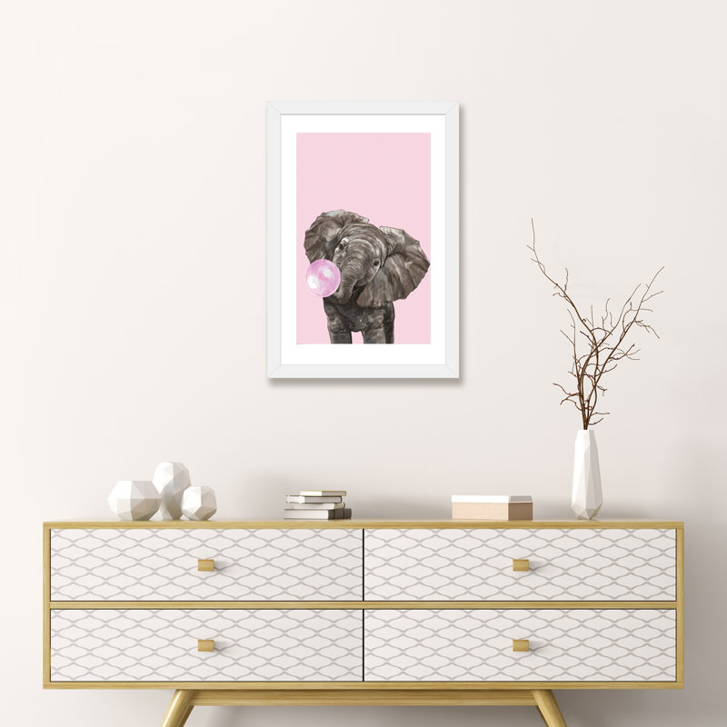 Art d’éléphant de gomme à bulles, H 24 po x l 16 po x P 1 po, Papier avec cadre blanc