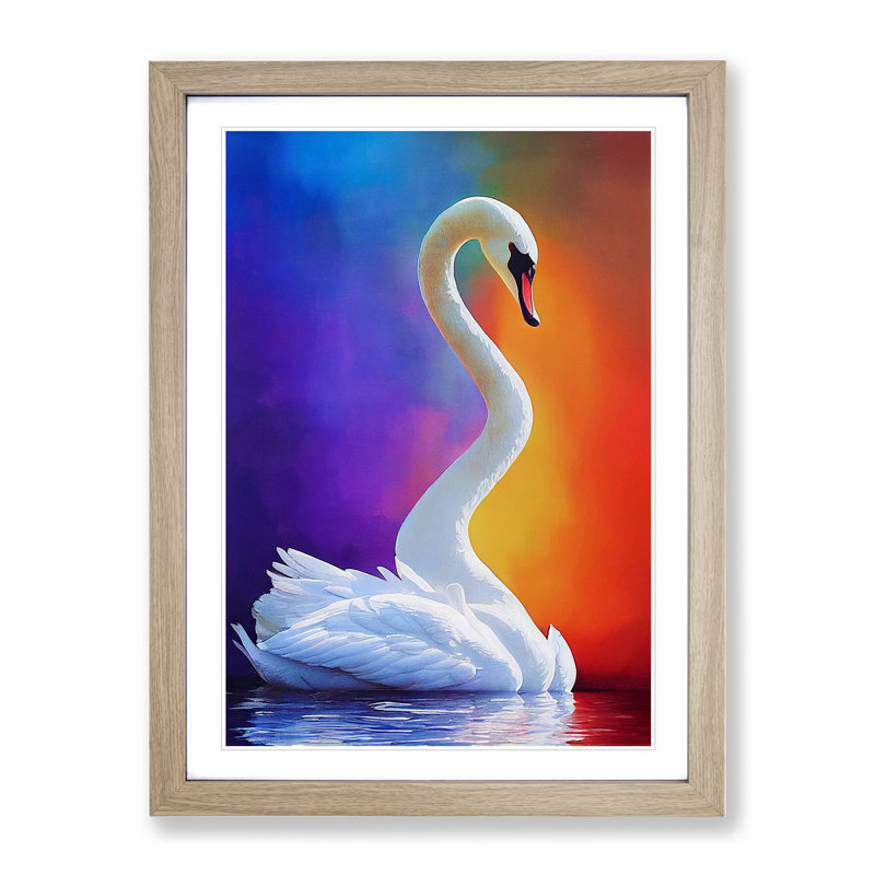 Unique Swan - Wall Art, 48cm H x 36cm W, Oak Framed Paper, White