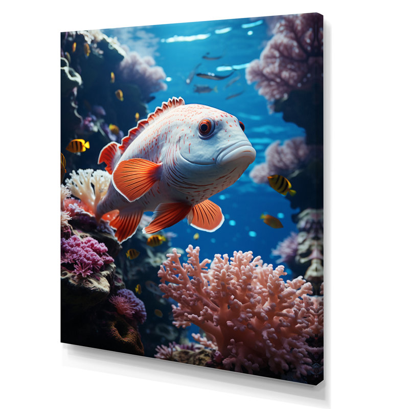 " Orange Blue Marine Animals Underwater Symphony ", 32" H x 16" W x 1" D, Wrapped Canvas