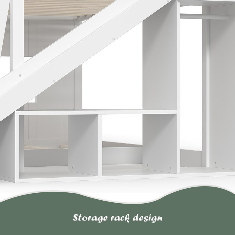 Lit superposé simple au-dessus d'une chambre double avec échelles et glissoires, lit superposé au sol avec étagères de rangement et garde-robe, conception de maisonnette