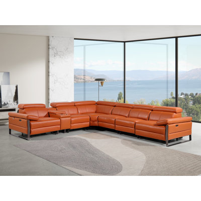 Top Grain Italian Leather 7-Piece L-Shaped Modular Power Reclining Sectional With 3 Power Recliners & Power Headrests