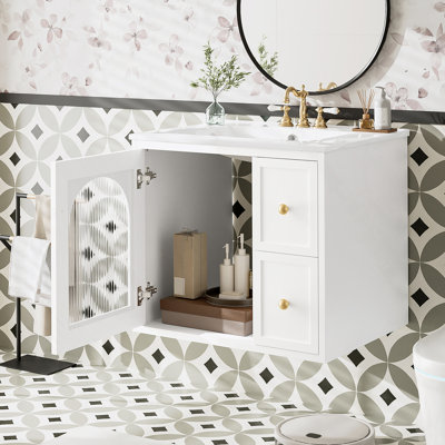 24-Inch Wall-Mounted Bathroom Vanity Set With Ceramic Sink, Two Drawers And Soft-Close Door For Small Spaces.