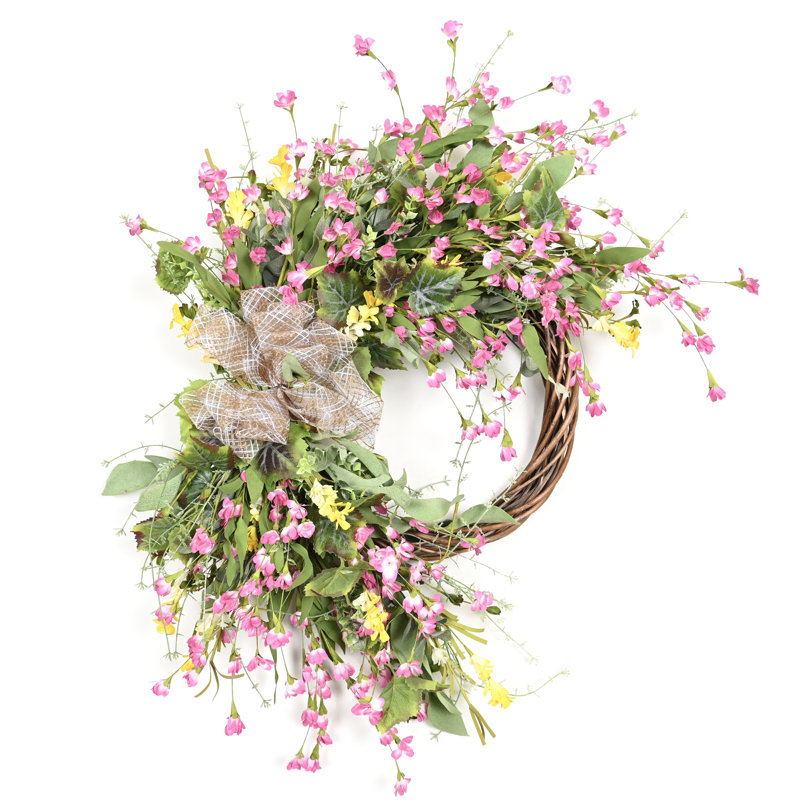 Couronne de porte artificielle de 26 po en forme de demi-anneau de verdure en grappes de fleurs sauvages