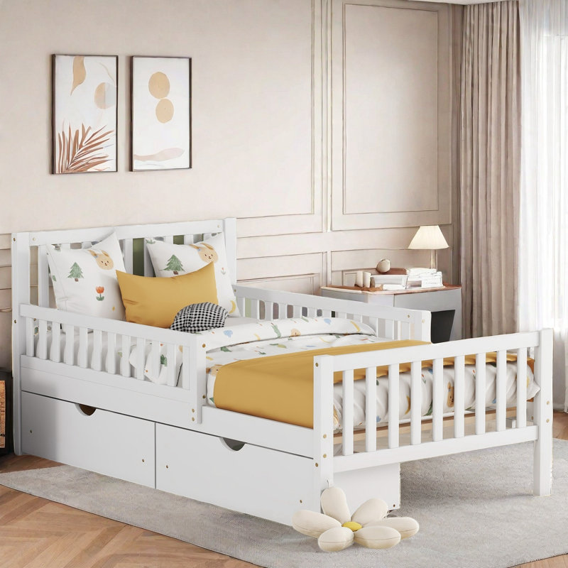 Lit plateforme avec garde-corps des deux côtés et deux tiroirs de rangement, Lit simple, Blanc