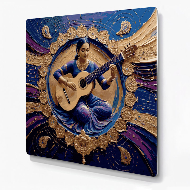 «Music Sitar», art mural en métal bleu, H 12 po x l 12 po