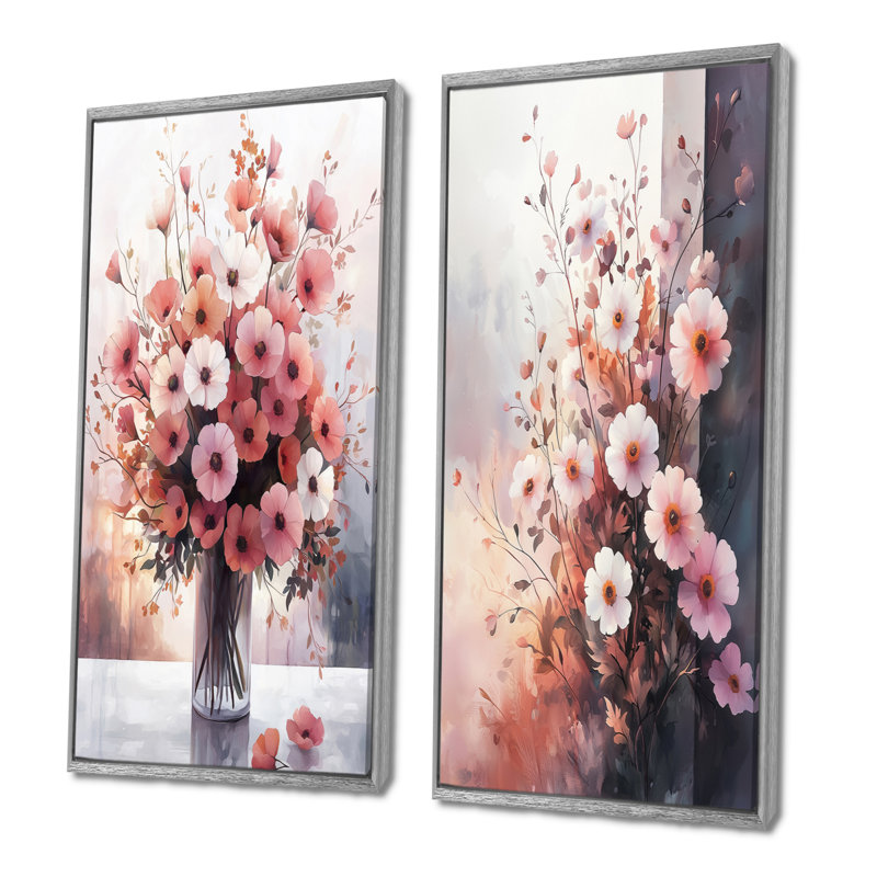 Rose et rose souci blanc I - art mural floral 2 pièces, H 40 po x l 41 po, Encadrement argenté