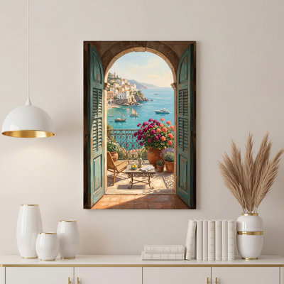 Balcony View of Coastal Town Through Teal Shutters Canvas Wall Art