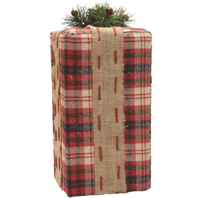Plaid Rectangular Gift Box with Pine Bow Tabletop Christmas Decor