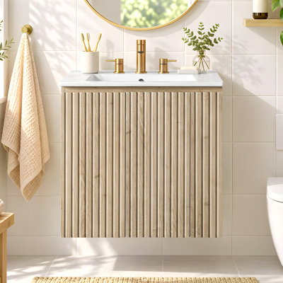 Meuble-lavabo mural de 61 cm (24 po) avec lavabo en céramique, tablette réglable, portes à fermeture douce et rangement latéral