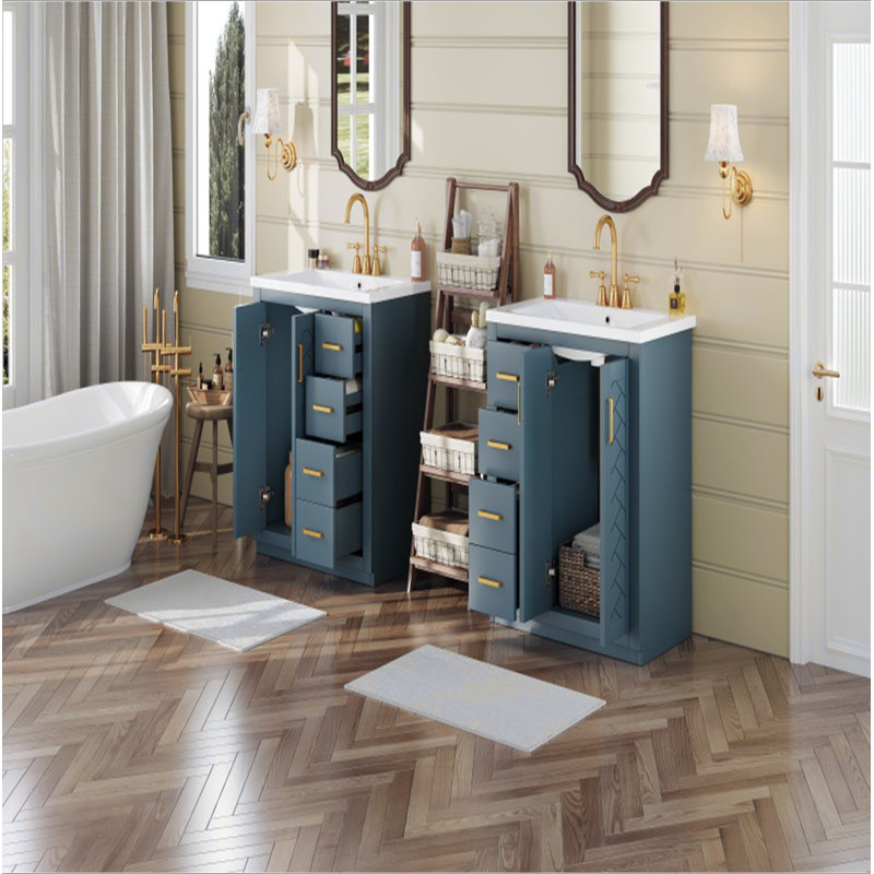 Ensemble de meuble-lavabo 60 po avec lavabo en céramique (séparé), armoire de rangement en bois massif, ensemble de meuble-lavabo autoportant avec tiroirs et portes à fermeture douce