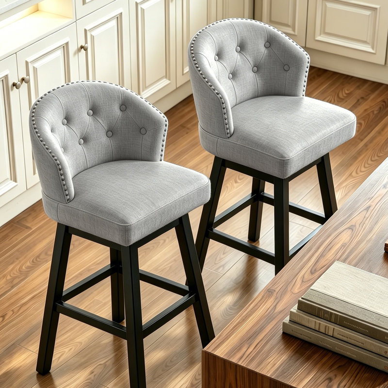 Aadhvika Upholstered BarStools with Solid Wood Frame, Gray/Linen, Bar Stool (28" Seat Height)