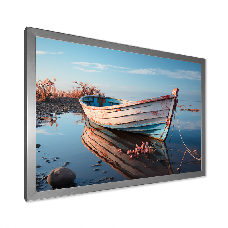 «Blue and White Boat Scenery I», reproduction sur toile, Cadre simple argenté, H 30 po x l 40 po x P 1,5 po