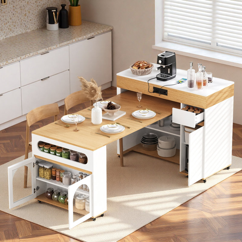 Îlot de cuisine roulant avec plateau pliable extra long, tiroirs, armoires, prise de courant et roues verrouillables, Naturel