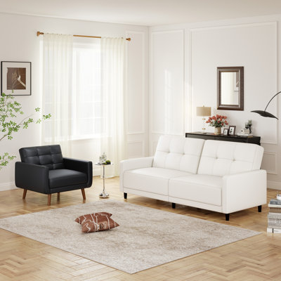 2-Piece Upholstered Faux Leather Square Arm Living Room Set With Tufted Convertible Futon Sofa Bed