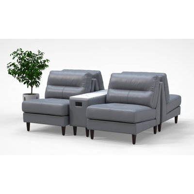 4 Person Waiting Room Reception Chairs with Charging Tables Set 100% Genuine Leather 6pc Set Color Gray
