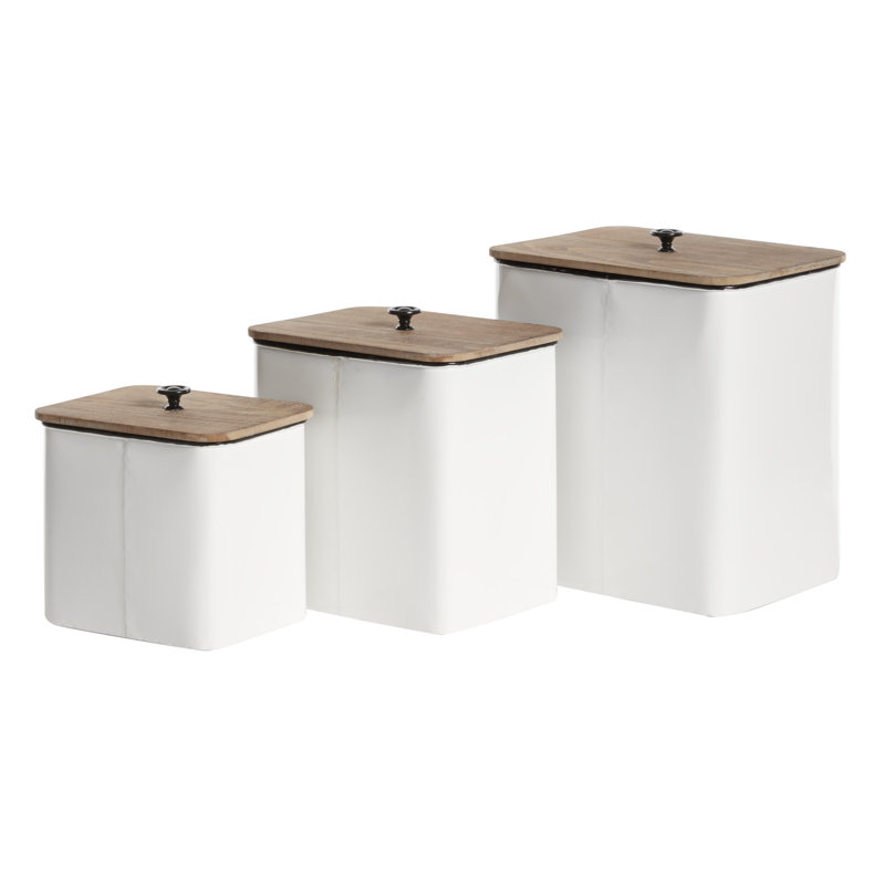 Farmhouse White Metal Canisters with Wood Lids, Set of 3