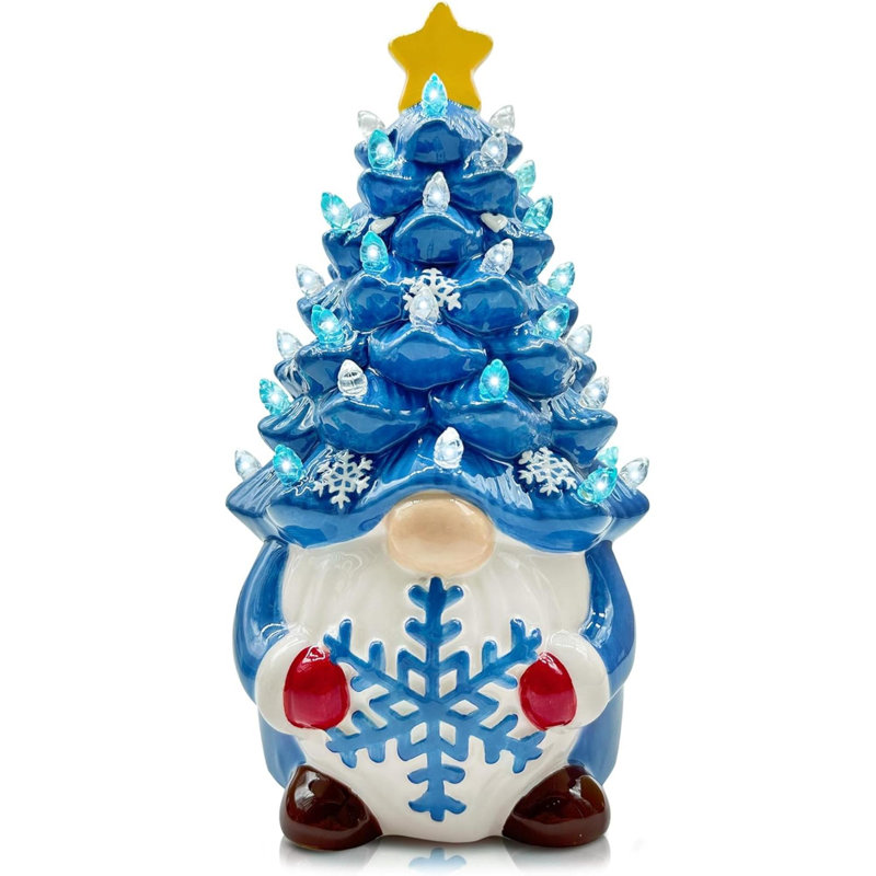 Arbre de Noël en céramique, décorations de Noël pour table de maison intérieure, décorations de Noël gnome bleu, petit arbre de Noël avec lumières, décor de vacances d'hiver en céramique