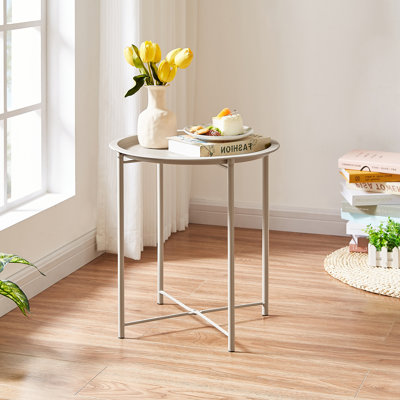 Small Round Side Table with Removable Tray, Folding Accent Table for Bedroom, Balcony, and Garden