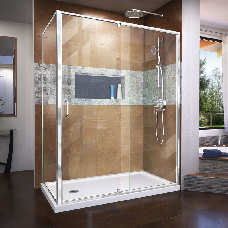 Flex 60" W x 36'' D x 74.75" H Semi-Frameless Rectangle Shower Enclosure with Base Included, Chrome/White, Right