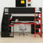 Lit mezzanine innovant avec bureau, tablettes, panneau perforé et escalier de rangement-533127787-533127786