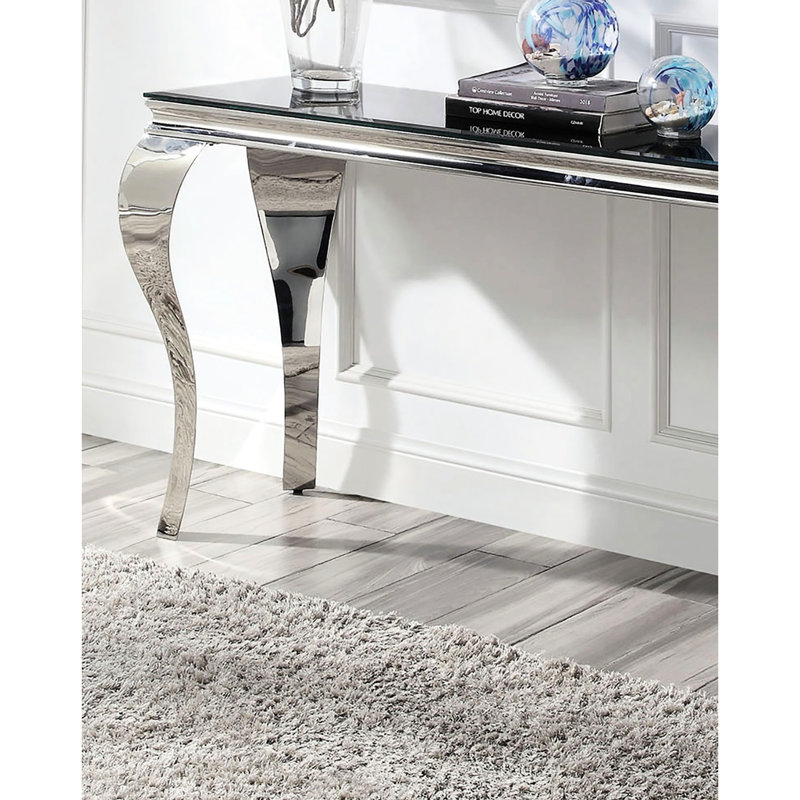 Console transitionnelle avec plateau en verre noir et pieds élégants en acier inoxydable argenté, Noir